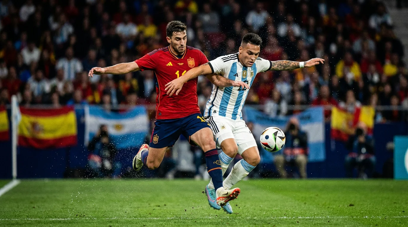 Jugadores de dos selecciones nacionales disputando un balón en un partido de fútbol internacional bajo focos nocturnos