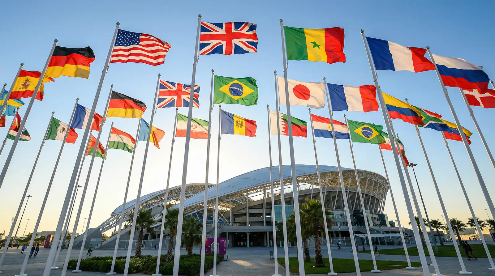 Banderas de múltiples países ondeando junto a un estadio de fútbol simbolizando la fase de grupos de un campeonato mundial