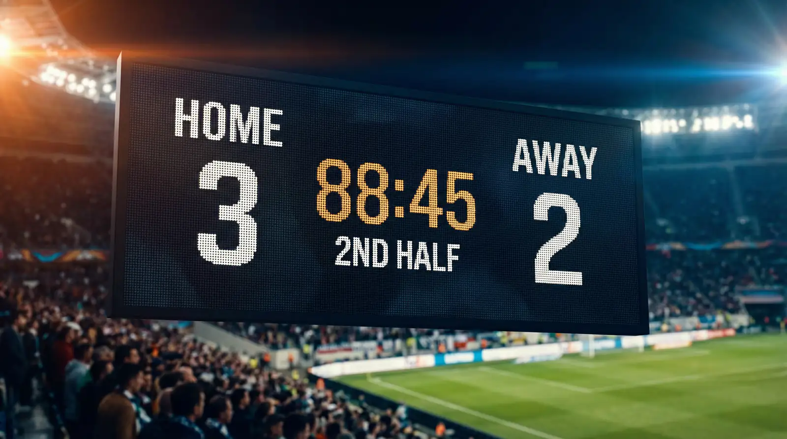 Pantalla electrónica de un estadio de fútbol mostrando el marcador y datos del partido con luces del campo al fondo