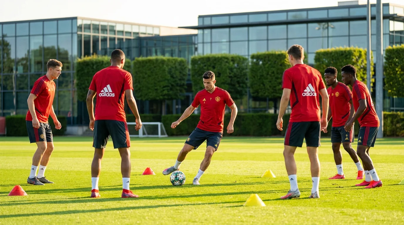 Jugadores de una selección nacional con equipación roja entrenando en un campo de fútbol profesional durante una sesión preparatoria